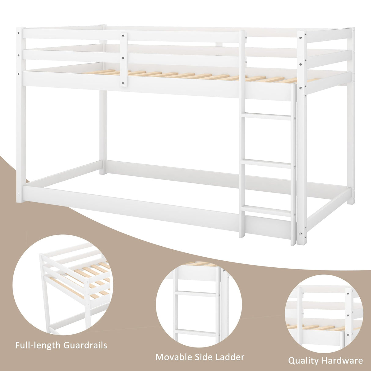 ZJIAH Twin Over Twin Low Bunk Bed with Ladder and Safety Guardrails - Durable Wooden Design in White ZJIAH