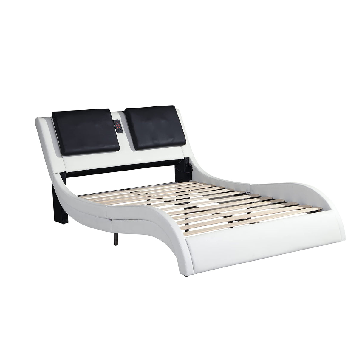 SOFTSEA King Size Upholstered Bed with LED Light and USB Charging Port, Bluetooth Connection, Backrest Vibration Massage, Curve Design, Wood Slat Support, No Box Spring Needed, White SOFTSEA