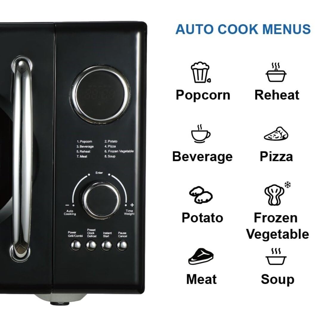 Emerson MWRG0901BK Retro Compact Countertop 800W Microwave Oven with 1,000W Grill Function, LED Display, 5 Power Levels, 8 Auto Menus, Glass Turntable and Child Safe Lock, 0.9 Cu. Ft., Black Emerson