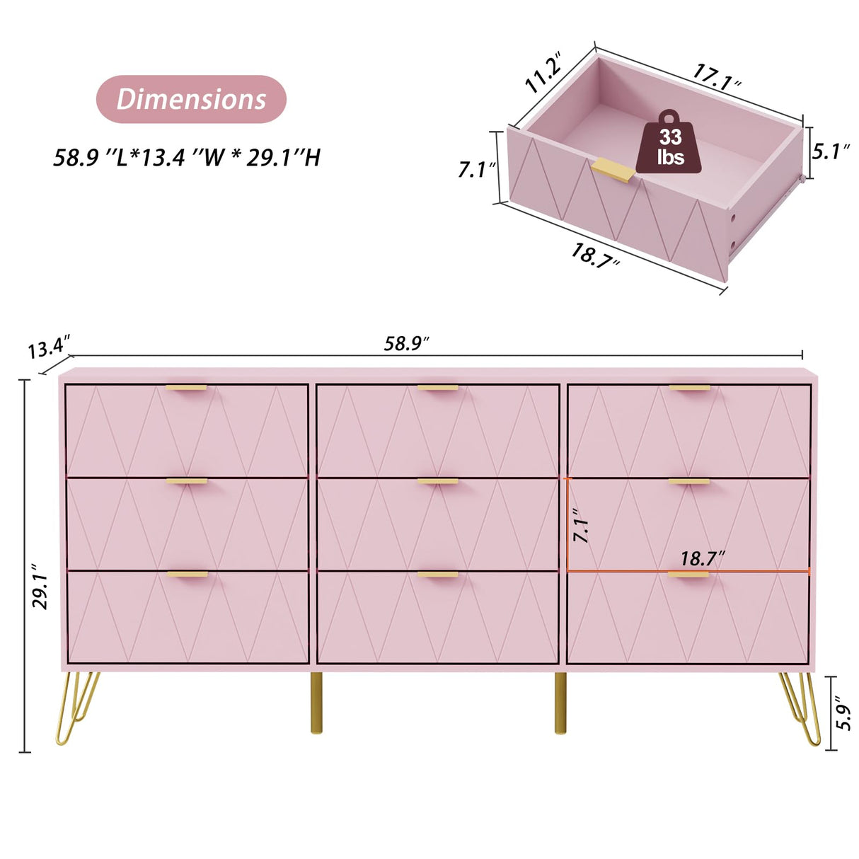 Anbuy 9 Drawer Dresser and Night stand Sets for Bedroom, Two Drawers Nightstand Set of 2 & 9 Drawer Dresser Combo 3 Pieces (Pink) Anbuy
