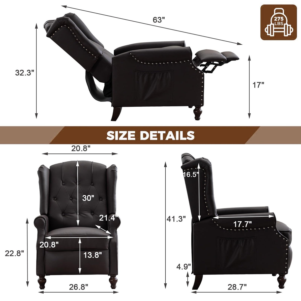 Oprisen Push Back Recliner Mid-Century Modern Accent Chair Single Reading Chair Faux Leather Arm Chair for Living Room w/Heat Massage/Side Pockets (Brown*1, 1 PC) Oprisen