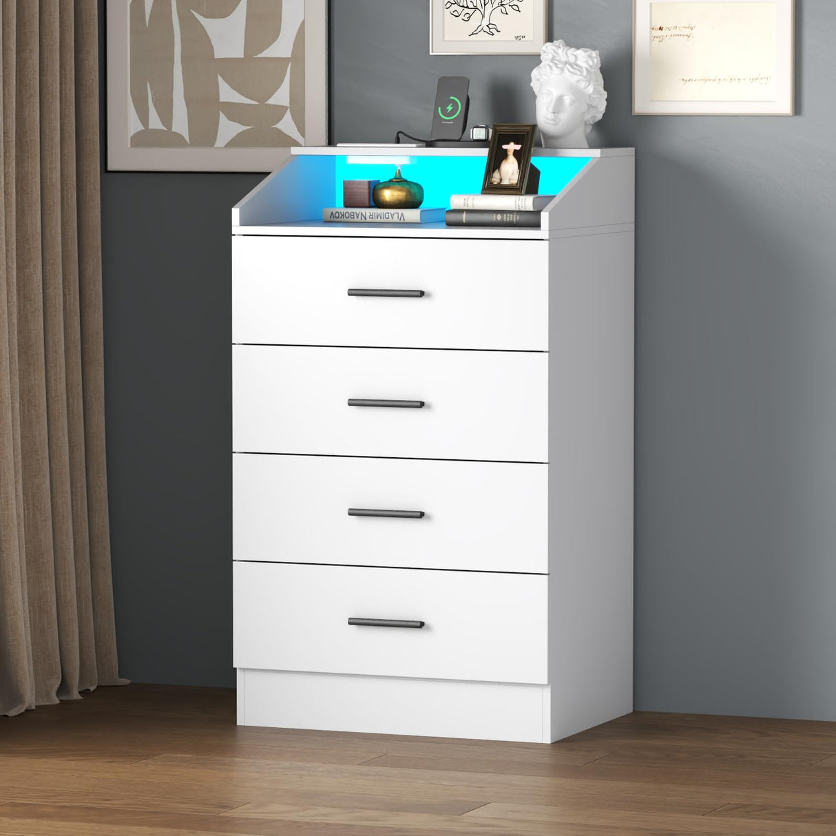 4 Drawer Dresser for bedroom with LED Light, Modern Dresser with Power Outlet, White Dressers with Open Storage Cubby, Chest of Drawers Storage Organizer for Bedroom, Hallway, Living Room(White)โฆ Gyfimoie