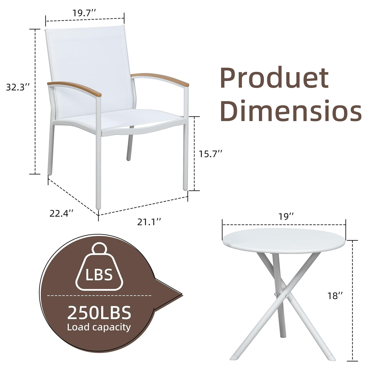 Shintenchi 3 Pieces Patio Bistro Sets, Outdoor Textilene Fabric Conversation Bistro Set, Textilene Fabric Front Porch Chairs Small Patio Furniture Set with Table for Lawn,Garden,Balcony (White) Shintenchi