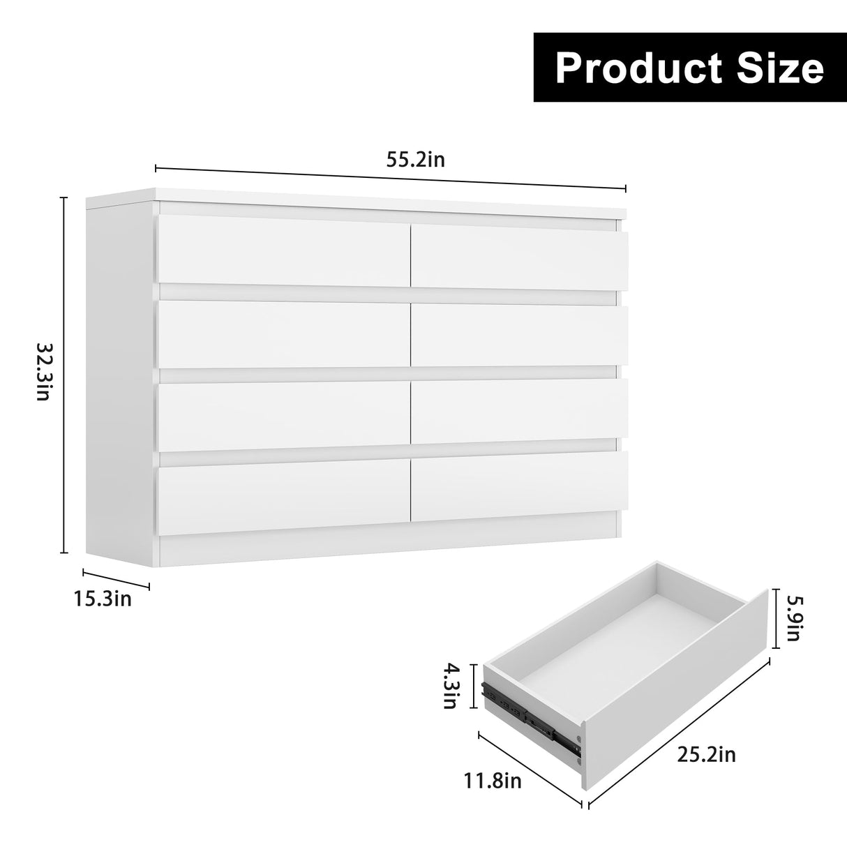Jocoevol Modern White 8 Drawer Dresser for Bedroom, 15.3" D x 55.2" W x 32.3" H Simply Chest of Drawers, Wood Storage Dresser with Deep Drawers for Living Room Hallway Entryway, White Jocoevol