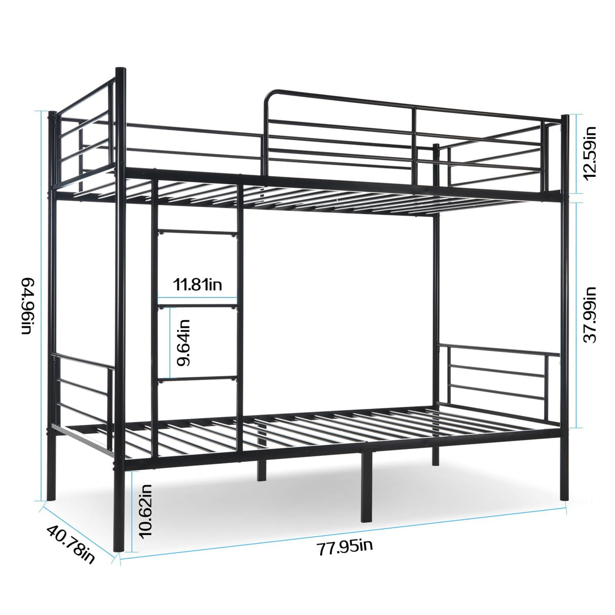 QUJEON Bunk Bed,Bunk Bed Twin Over Twin for Kids Teens Adults,Metal Bed Frame with Ladders and Guardrail,Sturdy Literas Heavy Duty Metal Slats,No Spring Box Required,Black QUJEON