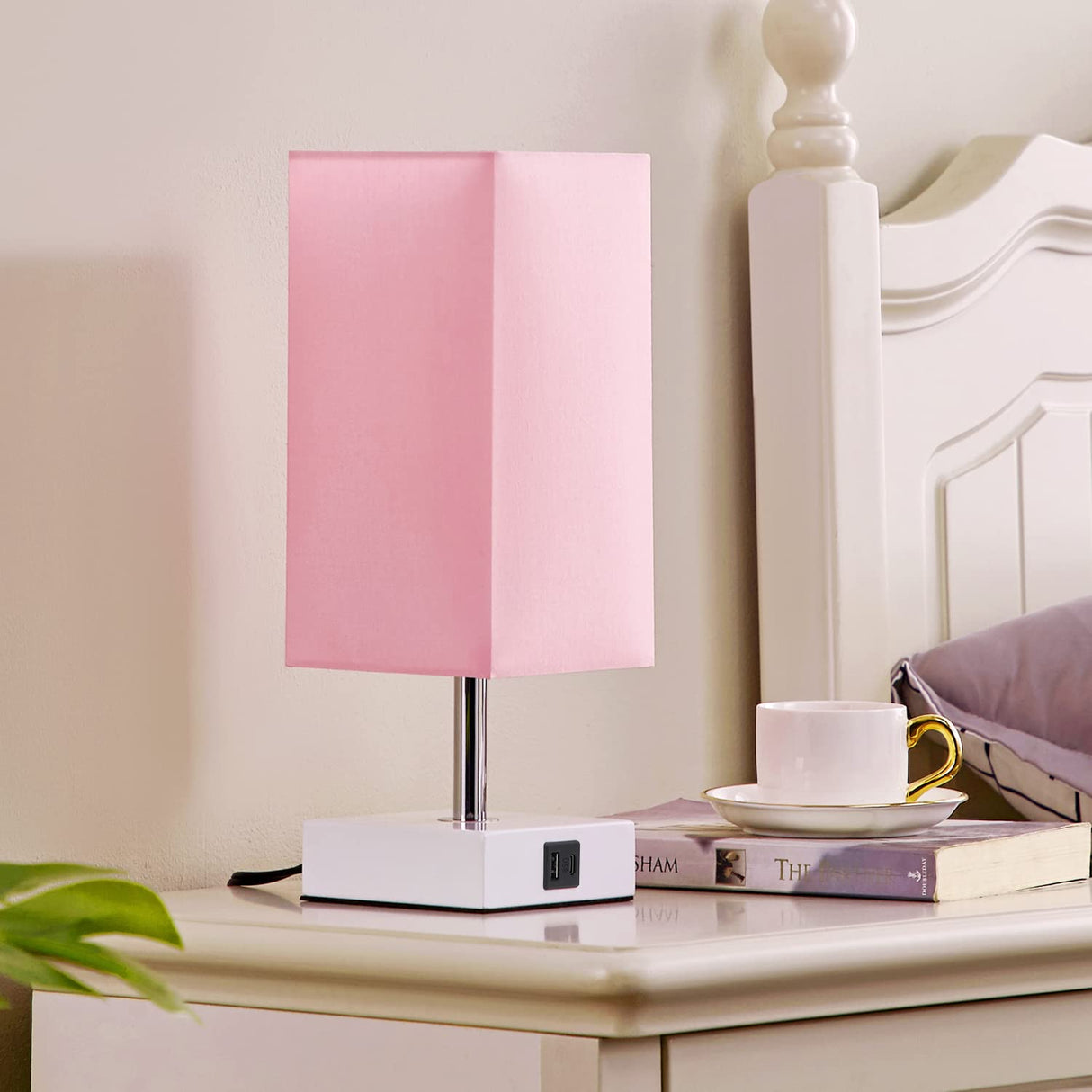 Ambimall Touch Control Table Lamp with 2 USB Charging Ports, 3 Way Touch Lamps Beside Desk, Nightstand Lamp for Bedrooms Living Room, Pink Shade with White Base, LED Bulb Included(Pink) Ambimall