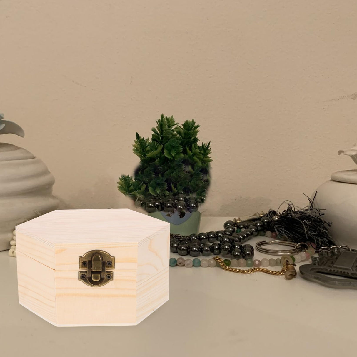 Cabilock Plain Unfinished Box, Hexagon Unpainted Wooden Jewelry Box Container, Wood DIY Storage Chest Treasure Case with Locking Clasp for Crafts, Art, Hobbies, Projects Cabilock