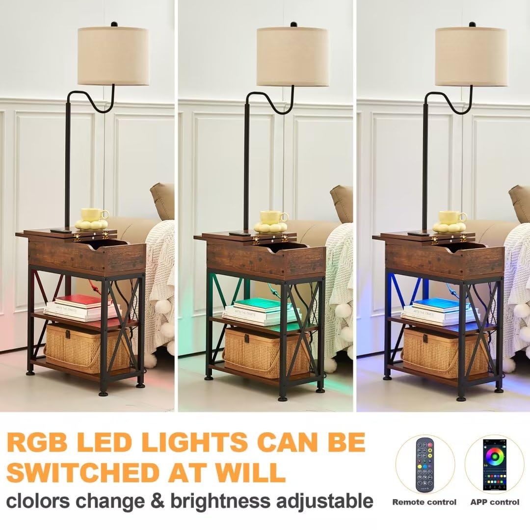 Dungoo Floor Lamp with Table, Narrow End Table with LED Lights Remote Control, Nightstand with USB & AC Outlets, Fliptop Storage Shelf End Table with Lamp Attached for Living Room Dungoo