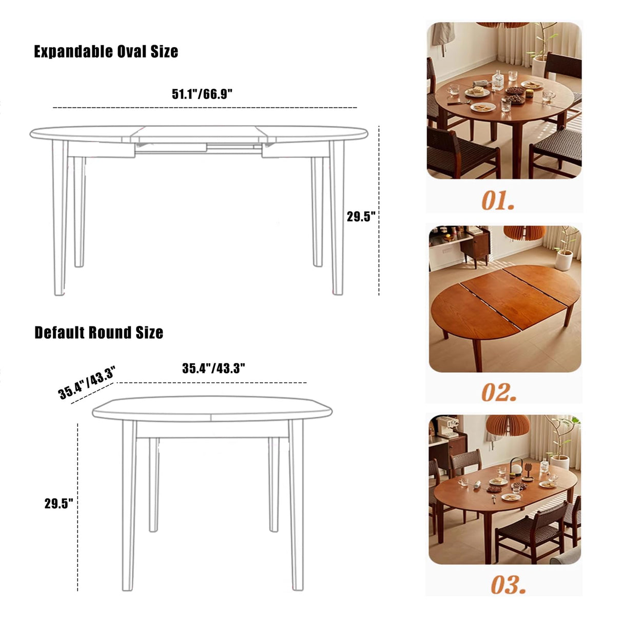 Lebolna Rubber Wood Dining Table,Creative Expandable,Round to Oval Dining Table for 2,4,6,8,10,Mid-Century Modern Solid Wood Kitchen Dining Room Table,Without Chairs(35.4"-51.1", Walnut) Lebolna