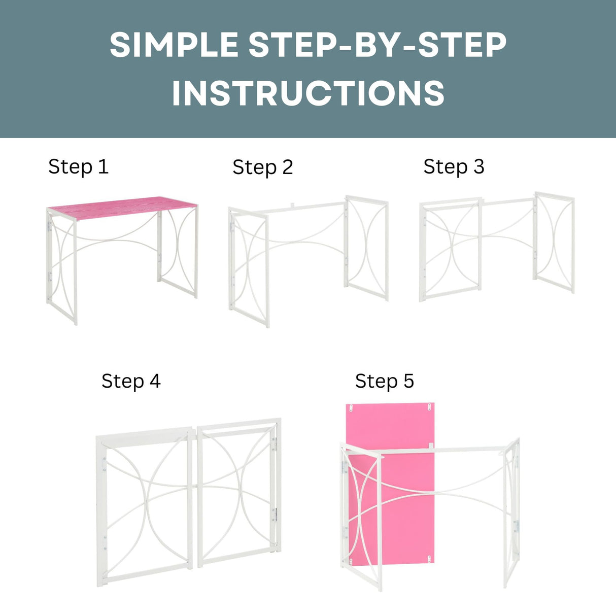 Convenience Concepts Designs2Go Nova Folding Desk 39.5" - Contemporary Modern Office Table, Makeup Vanity and Crafts Table, No Tools Assembly & Easy to Store, Pink/White Convenience Concepts