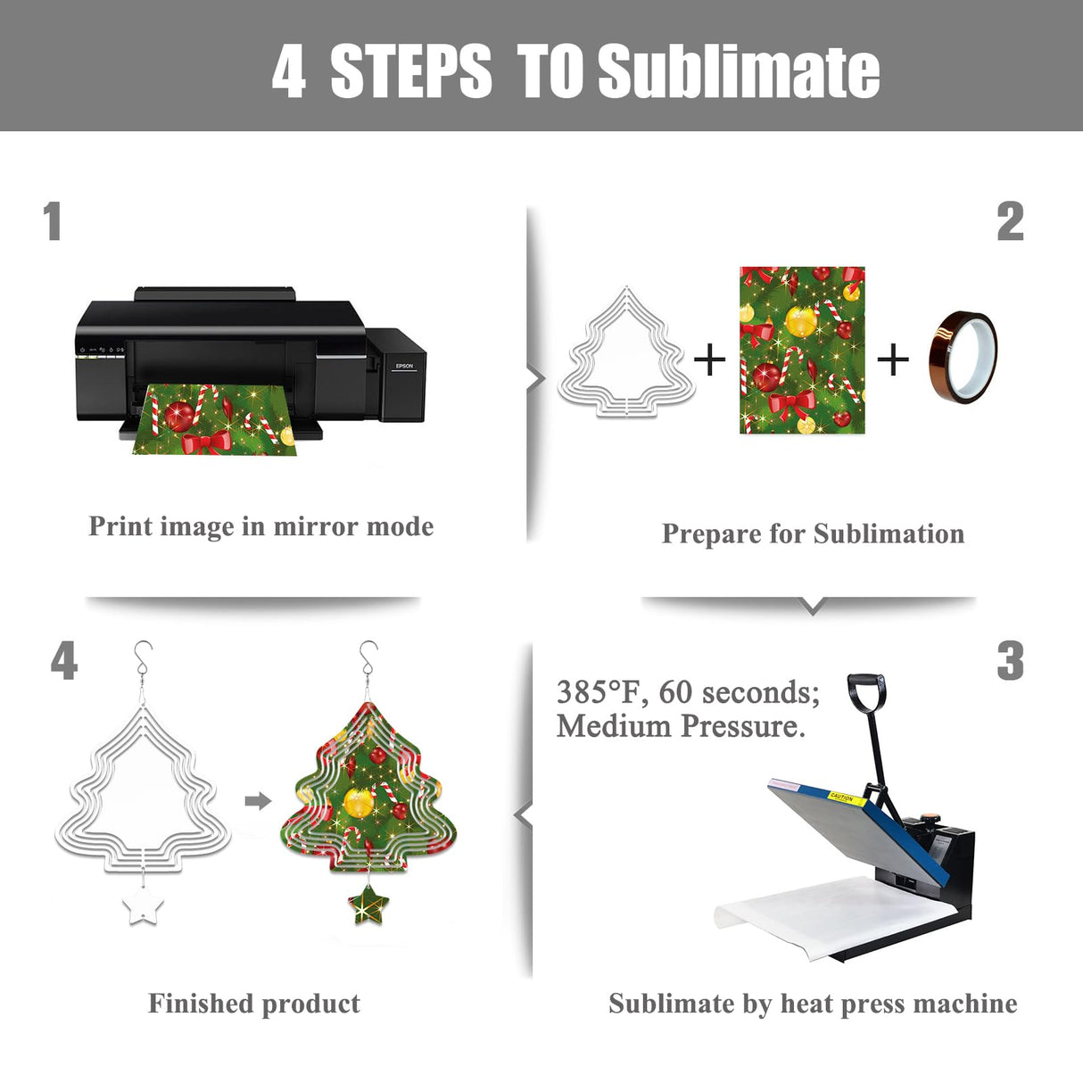 WindMage 4Pack 8inch Sublimation Wind Spinner Blanks 3D Aluminum Metal Wind Sculpture Kinetic Spinners for Yard and Garden Indoor Art Sublimation Christmas Ornament Hanging Decoration (Xmas Tree) WindMage