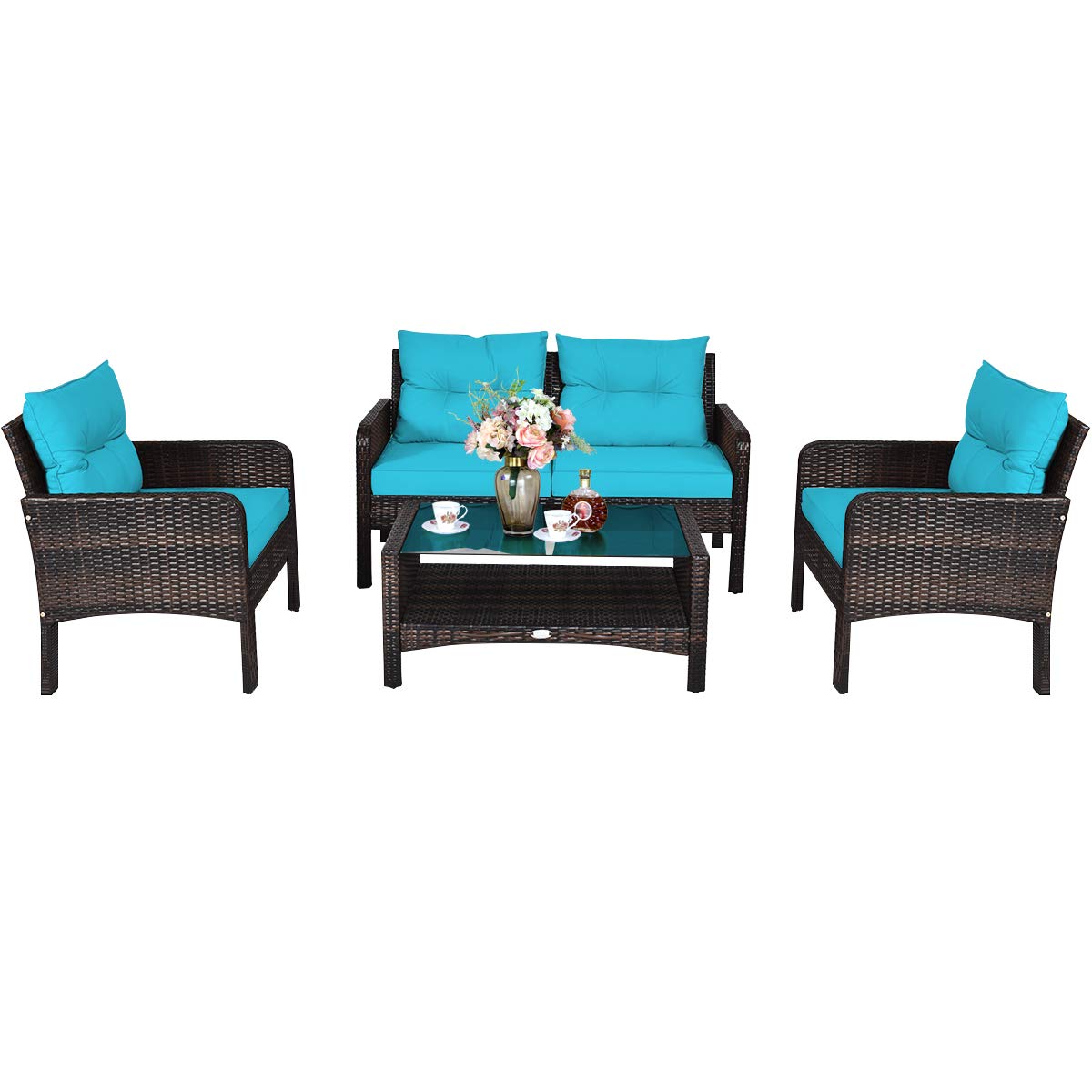 Tangkula 4 Piece Patio Furniture Set, Outdoor Wicker Conversation Set with Glass Top Coffee Table, All Weather Proof and Thick Cushions, Suitable for Porch, Garden, Poolside and Lawn (Turquoise) Tangkula