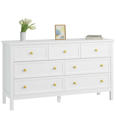 CARPETNAL White Dresser for Bedroom, 7 Drawer Dresser with Wide Drawers and Gold Metal Handles, 55" White and Gold Dresser TV Stand, Modern Dressers & Chests of Drawers for Hallyway, Entryway.