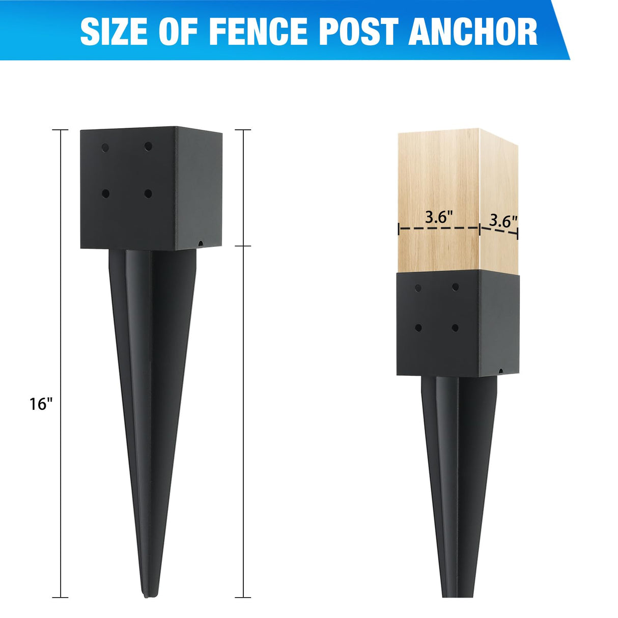 POSTYBAY 2 Pcs 4"x4" Fence Post Anchor Ground Spike 16"(Actual 3.6"x3.6") Heavy Duty Metal Fence Post Anchor with Black Powder-Coated for Deck,Fence,Porch,Railing,Mailbox POSTYBAY