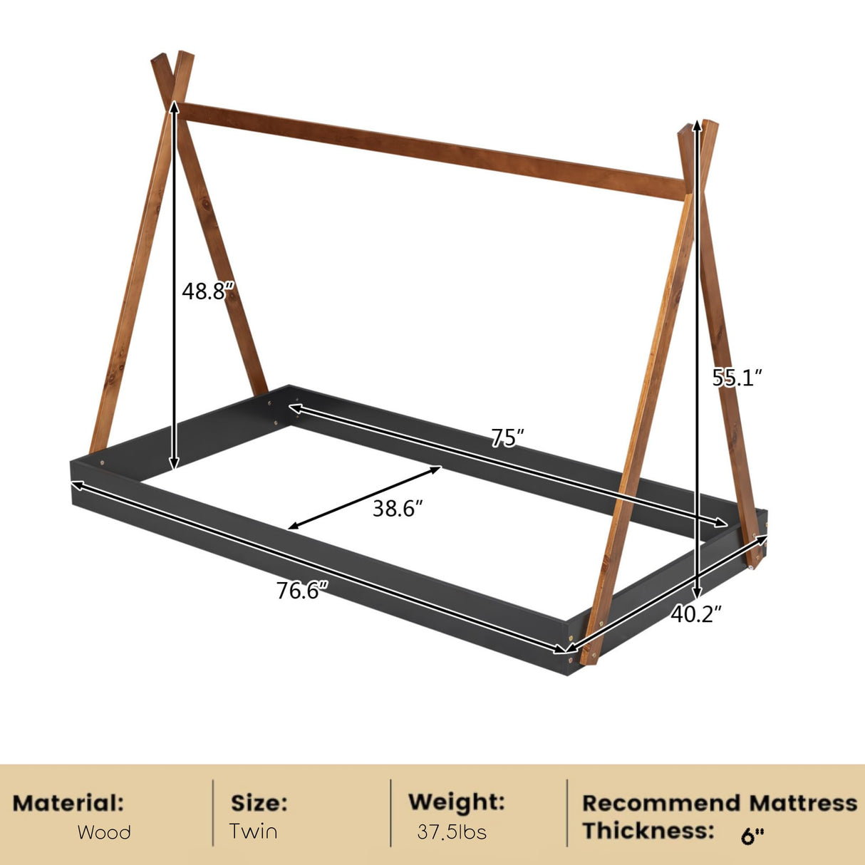 Wood Teepee Bed Twin Size Floor Beds for Kids, Montessori Style House Tent Bed Frame for Boys Girls Teens, No Spring Box Needed, Black with Brown Bellemave