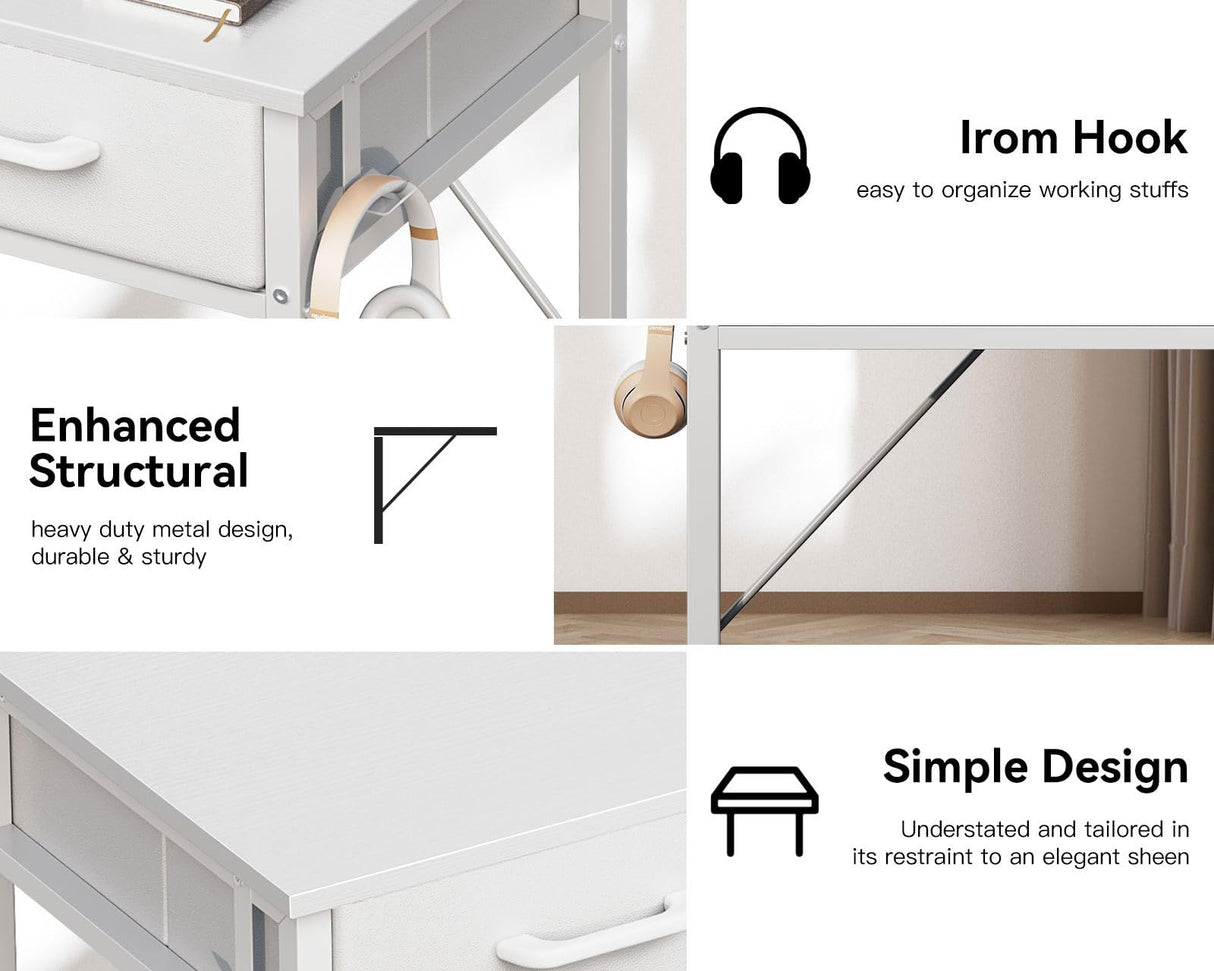 ODK Small Desk with Fabric Drawers- for Bedroom, White Vanity Desk with Storage, Home Office Computer Desk for Small Spaces, 32 Inch Modern Work Writing Study Table, White ODK