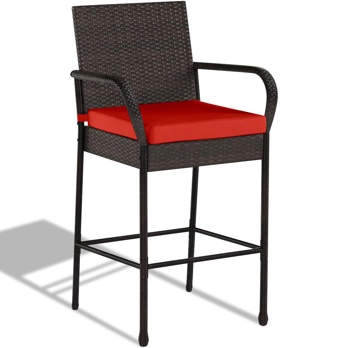 Sundale Outdoor Wicker Bar Stool Set of 4, Patio Counter Height Pub Chair with Arms, High Top Rattan Barstool, Cushion Red, All-Weather Outdoor Rattan Furniture - Steel, Brown Sundale Outdoor