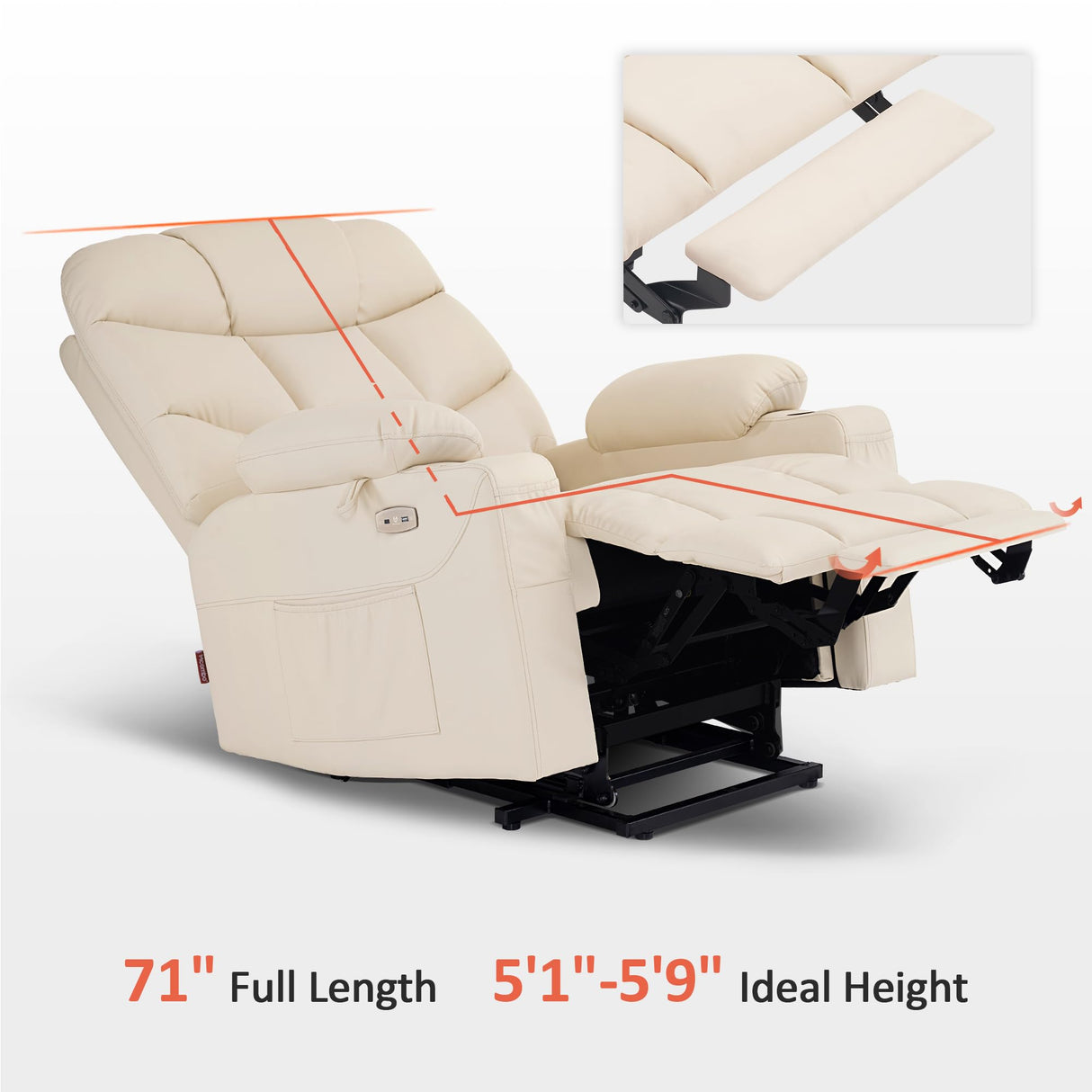 MCombo Power Lift Recliner Chair, 2 Cup Holders, USB Ports for Elderly People, Faux Leather 7288 (Cream White, Medium-Regular) MCombo