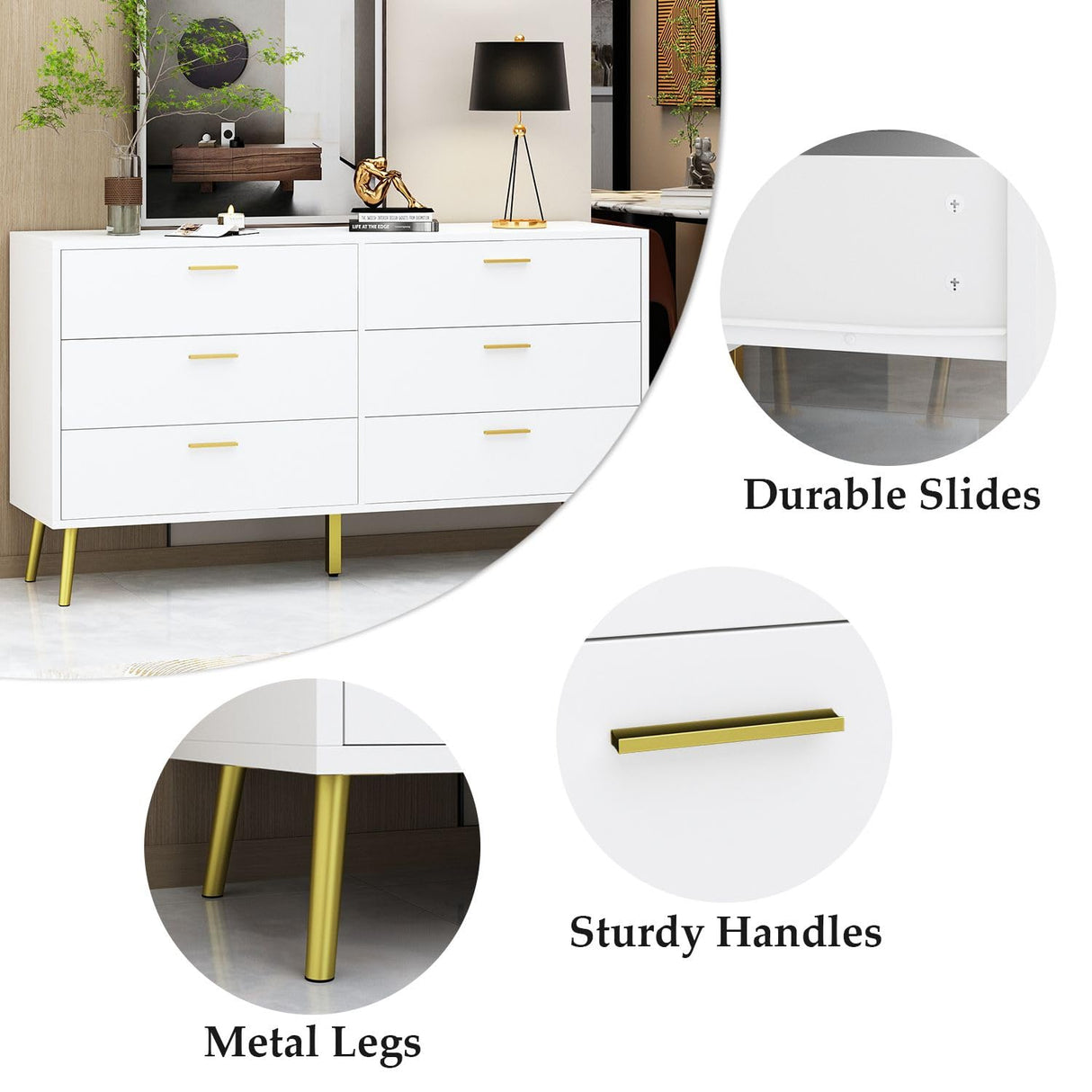 TAMUNE 54” 6 Drawer Dresser, Modern 6-Drawer Chest with Gold Metal Handles, Bedroom Dresser with Gold Metal Legs, for Living Room Entryway White (54”W x 15.7”D x 30.1”H) TAMUNE