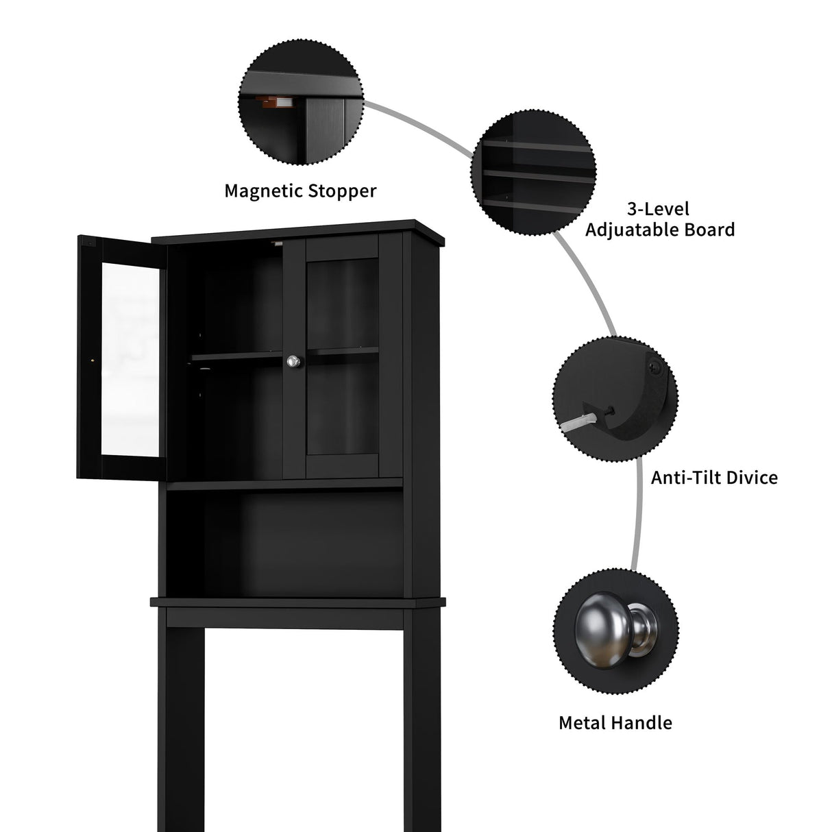 Shintenchi Over The Toilet Storage Cabinet, Bathroom Shelf Organizer with Anti-Tip Device Small Freestanding Space Saver with Adjustable Shelf and Glass Door, Black Shintenchi