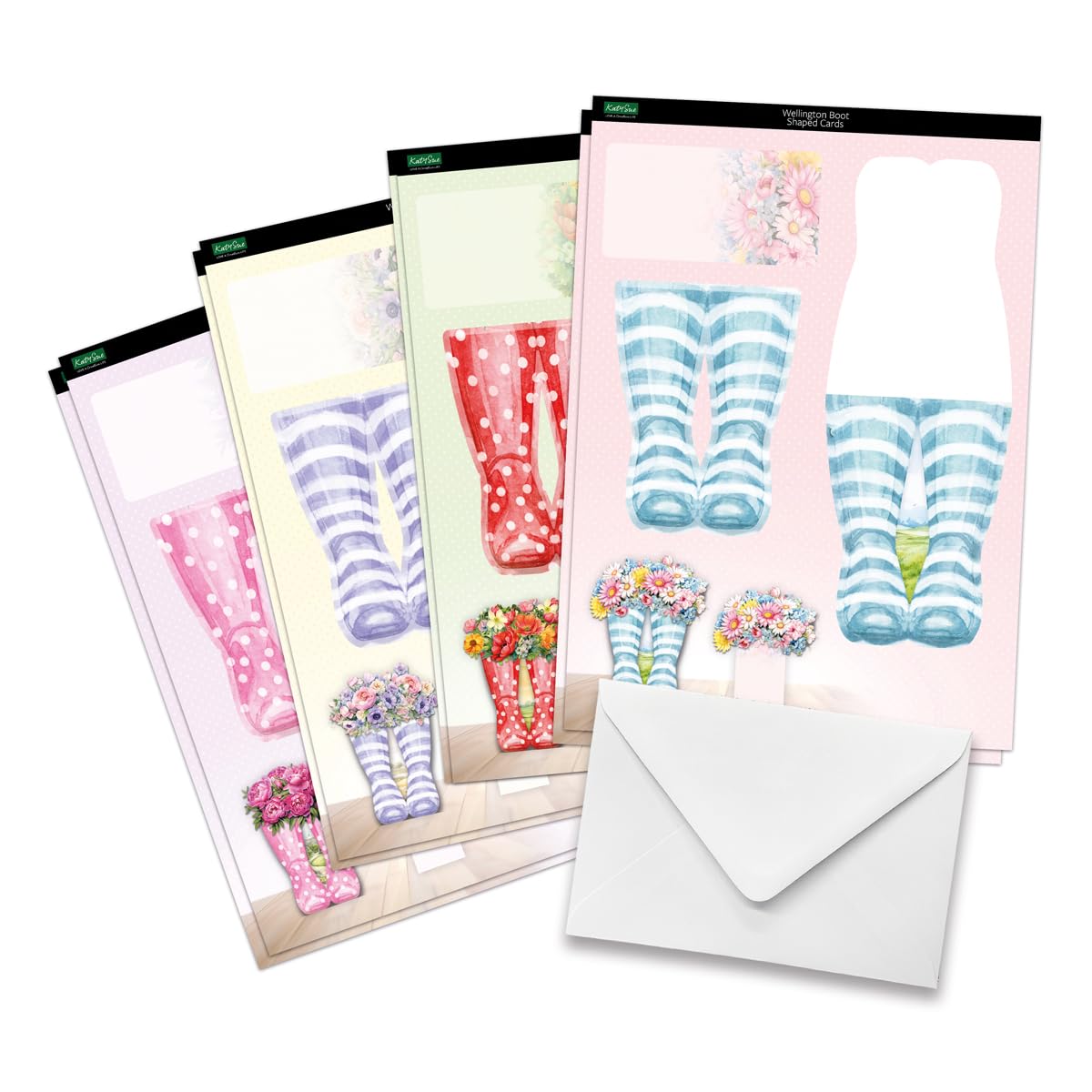 Katy Sue Wonderful Wellington Boots (Rubber Boots) Card Making Kit. 8 Shaped Cards, 2 Sheets of Die Cut Decoupage, 8 Envelopes, Adhesive Pads, & Instructions. for Card Making Supplies & Papercrafting Katy Sue
