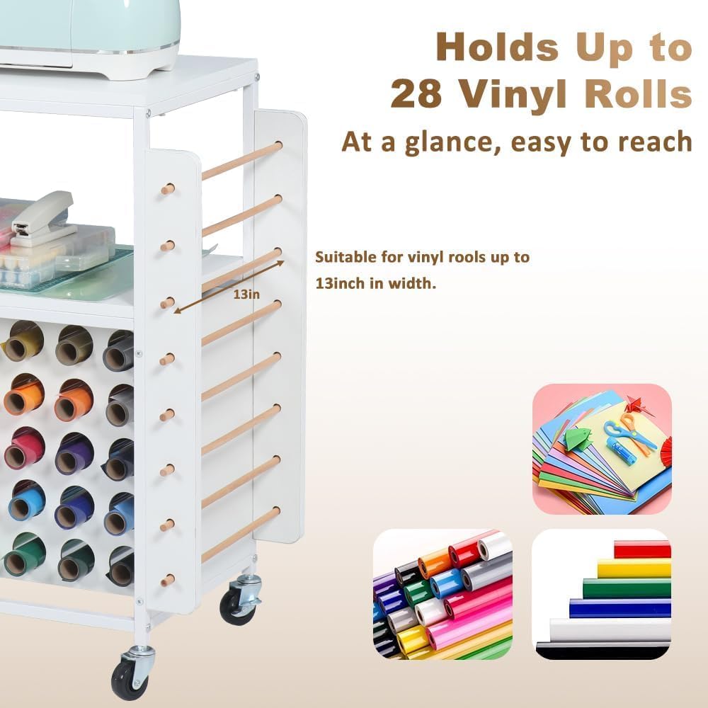 LUCKUP Organization and Storage Craft Table for Cricut Machines, Rolling Cart Cabinet with 28 Vinyl Roll Holders and 5 Drawers, Heat Press Stand Crafting Storage Cart with Hooks LUCKUP