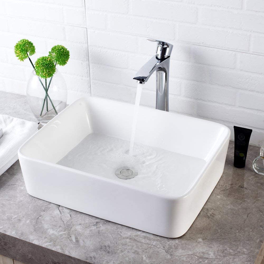 Lordear Vessel Sink Rectangle 19 Inch Bathroom Sink,Rectangular Modern Above Counter Bathroom Sinks White 19x15 Inch Porcelain Ceramic Vessel Vanity Sink Art Basin Lordear
