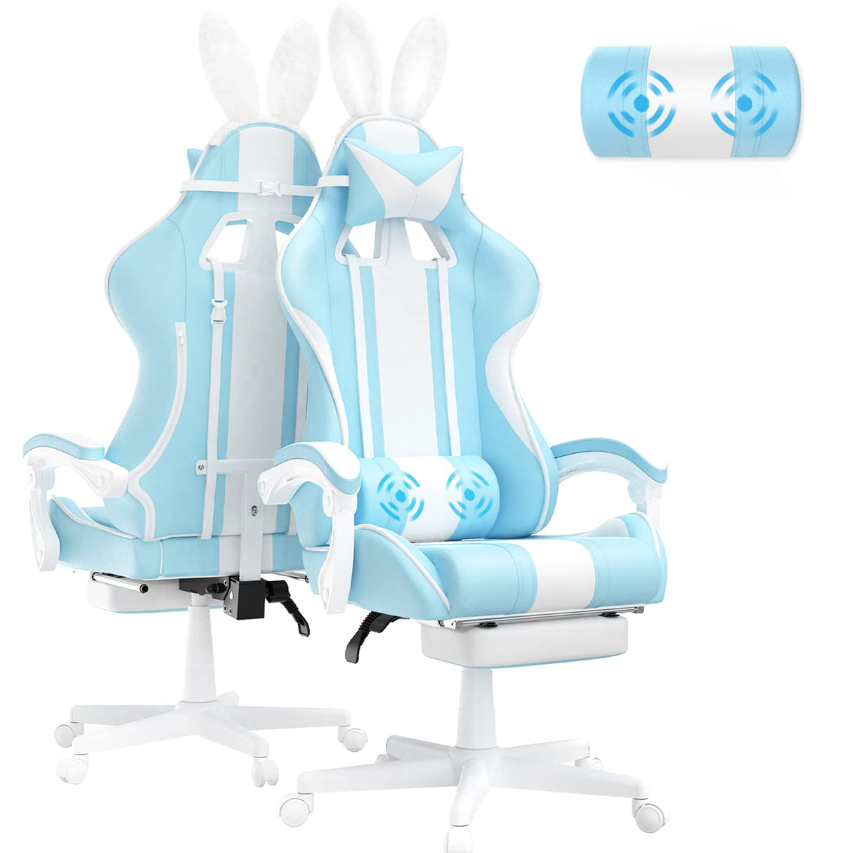 Ferghana Kawaii Light Blue Gaming Chair with Bunny Ears, Ergonomic Cute Gamer Chair with Footrest and Massage, Racing Reclining Leather Computer Game Chair 250lbs for Girls Adults Teens Kids Ferghana
