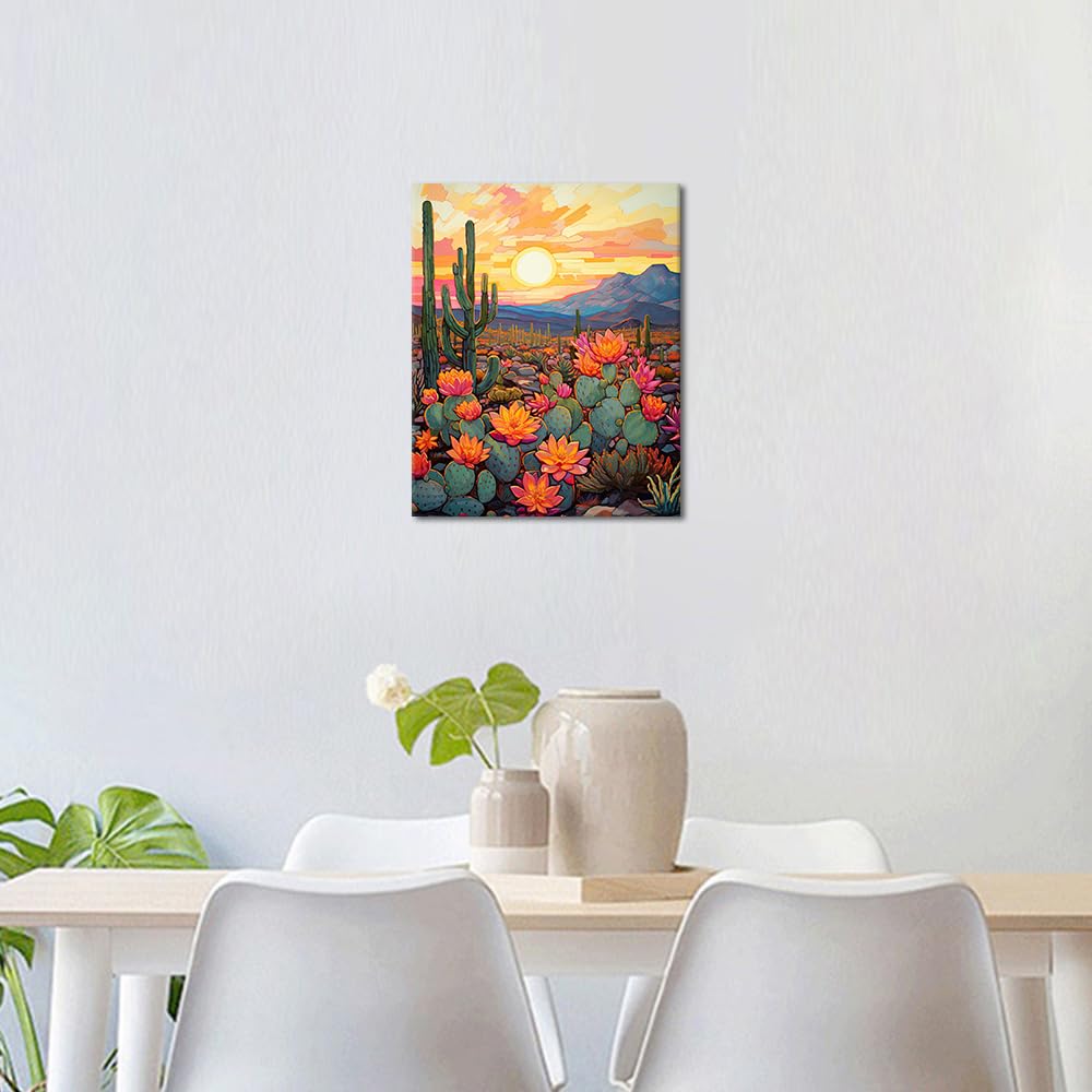 TUMOVO Adult Paint by Numbers Kits Desert Cactus Canvas Oil Painting Sunset in The Desert DIY Paint by Number for Adults Paint by Number Kits Drawing Paintwork - 16"x20", Frameless(Cactus Flower) TUMOVO