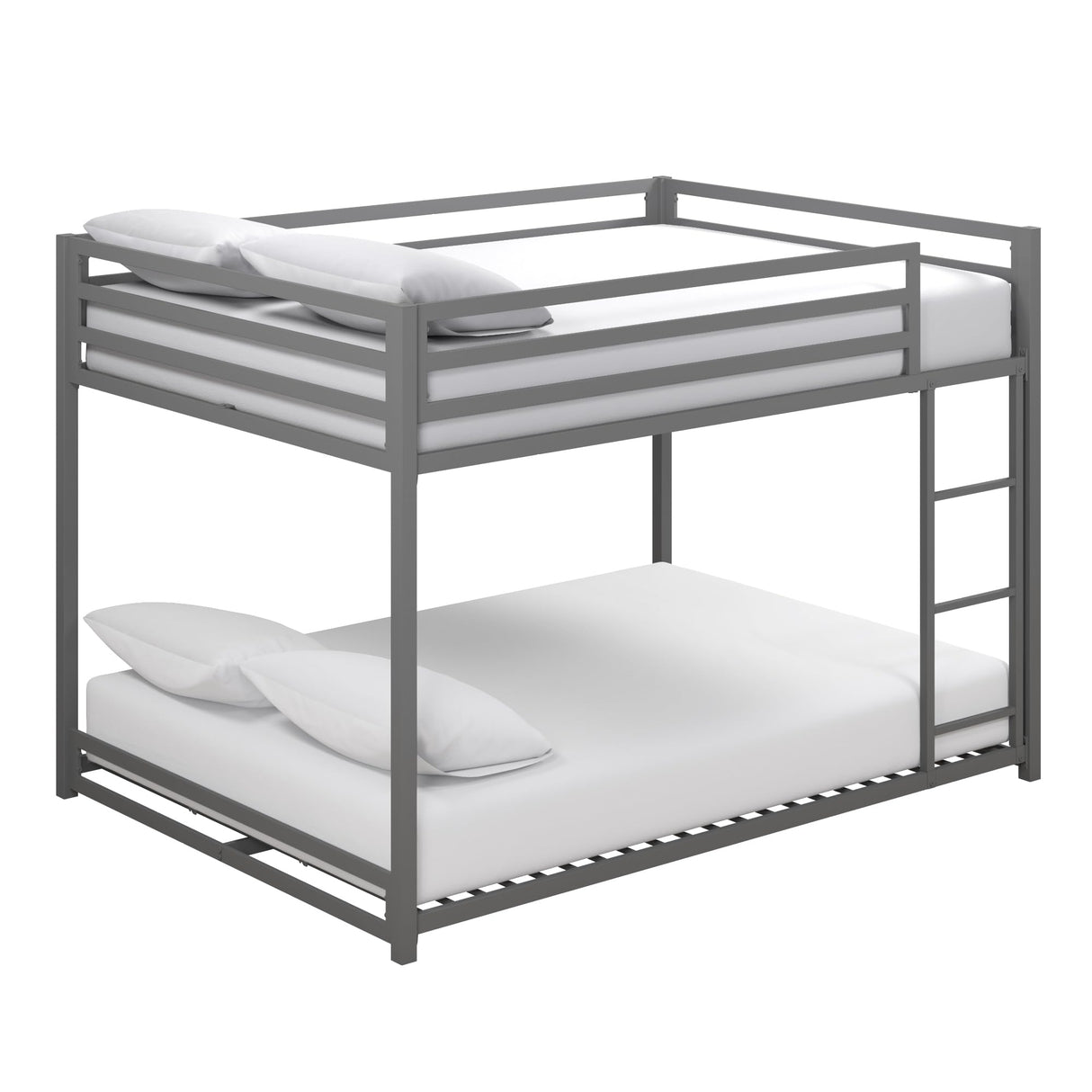 DHP Miles Low Metal Bunk Bed Frame for Kids, With Built-in Ladder, High Guardrail and Metal Slats, Floor Bed Bottom Bunk, No Boxspring Required, For Small Spaces, Full-Over-Full, Silver DHP