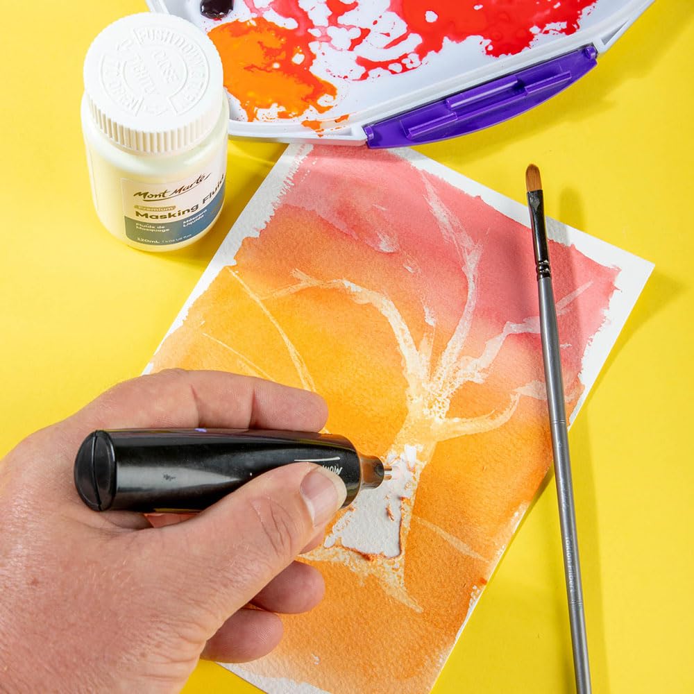 Mont Marte Masking Fluid Premium 120ml (4.06 US fl.oz), Masking Fluid for Watercolor Painting, Keeps Areas Free of Color And Edges Crisp, Resists Watercolor, Ink and Pouring Paint Mont Marte