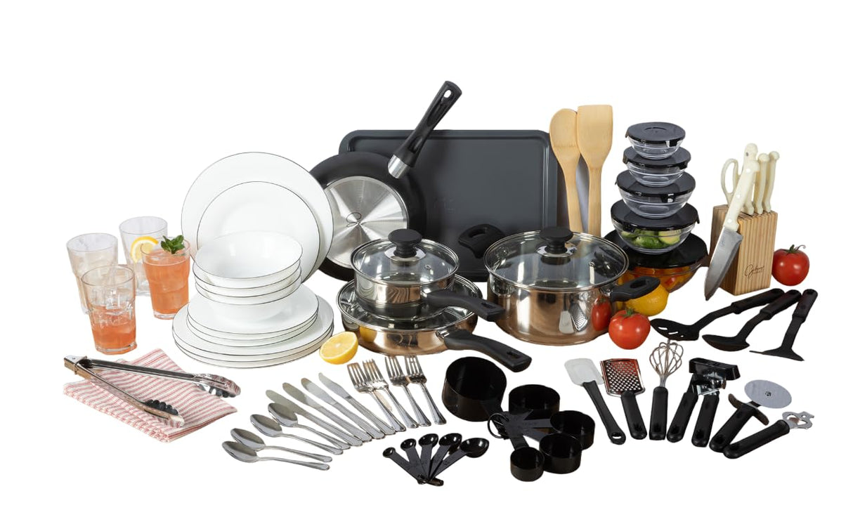 Gibson Home 74 Piece Kitchen in a Box Pots and Pans Cookware, Plates and Bowls Dinnerware, Cutlery Knife Block, Flatware Utensils, Kitchen Tools & Gadgets, Kitchen Storage, Glasses Set Gibson Home