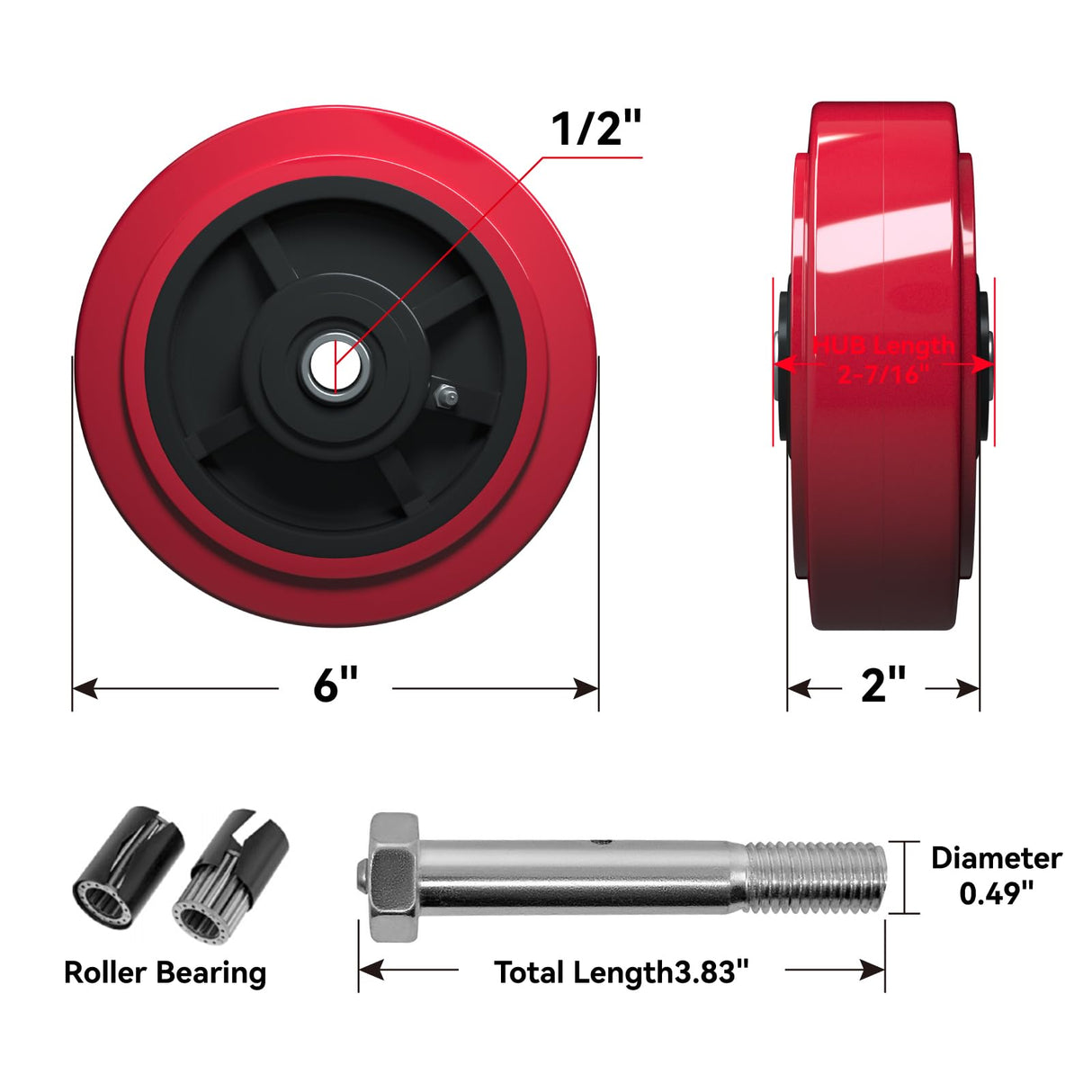 LONGRUNFORU 6" x 2" Caster Wheels, Polyurethane on Polyolefin core Wheel with Roller Bearing- 1/2" Bore - Set of 4 Heavy Duty Caster Wheel with 4000 lbs Capacity (4 Pack) LONGRUNFORU