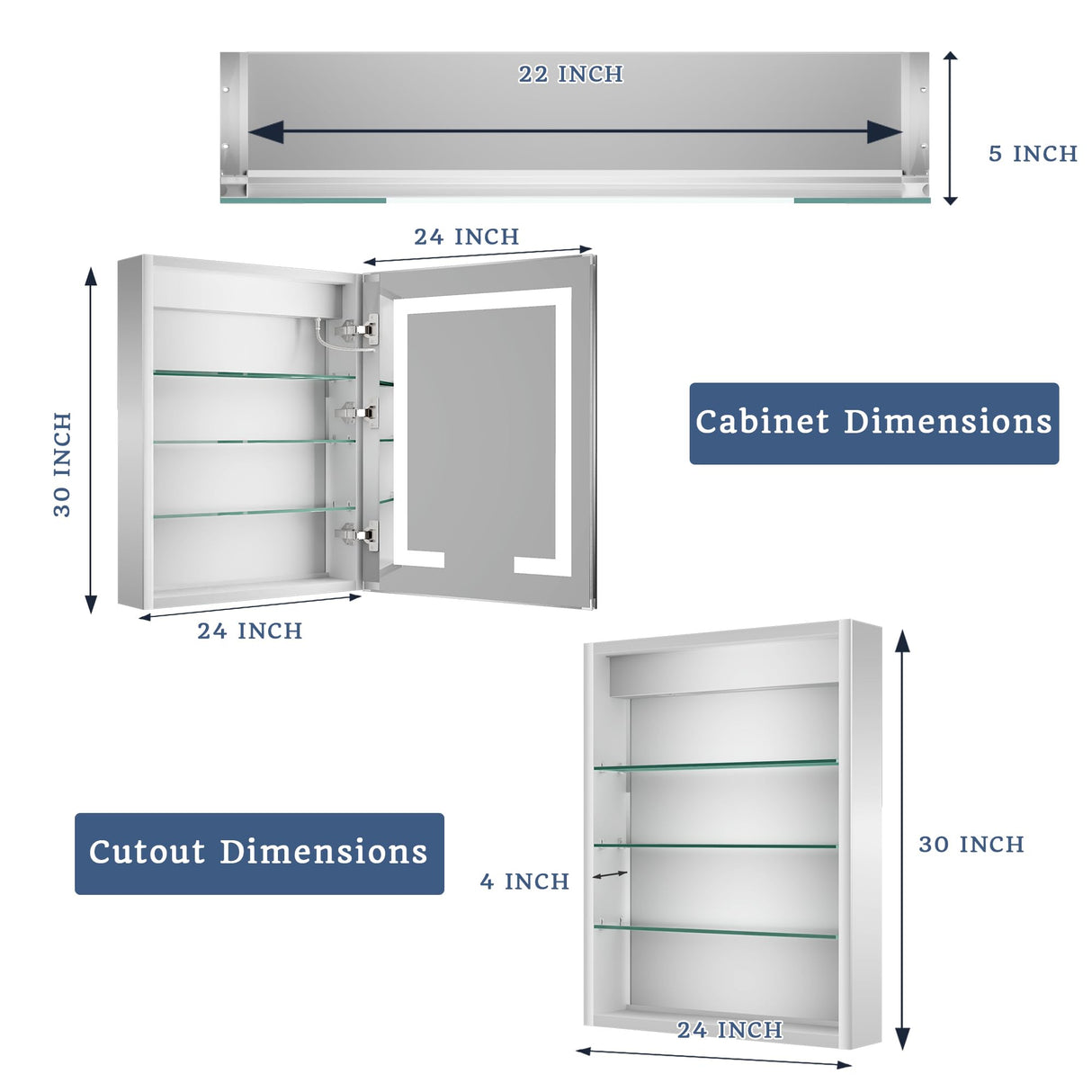 ExBrite LED Lighted Bathroom Medicine Cabinet with Mirror, 24 x 30 Inch, Recessed or Surface Mount, Anti-Fog, Stepless Dimming, Color Temperature Adjustment, 2 Outlets, Storage Shelves, Right Hinge ExBrite