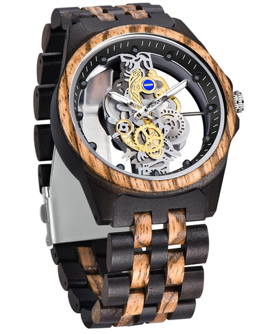 Dentily Men's Hollow Analog Wooden Watch Retro Gear Carving Design Transparent Dial Quartz Watch for Men