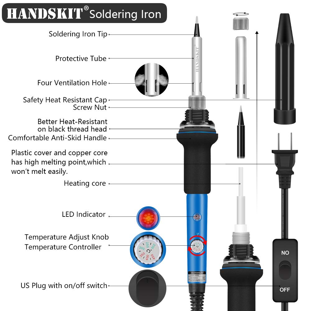 Soldering Iron Kit Electronics, 21-in-1, 90W LCD Adjustable Temperature Soldering Iron, 5pcs Soldering Iron Tips, Soldering Iron Stand, Desoldering Pump, Magnifier, Solder Wire, Tweezers, PU Carry Bag handskit
