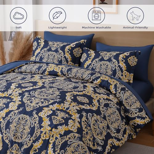 WONGS BEDDING Blue Gold Comforter Set King Size, Damask Texture 7 Pieces Bed in a Bag Microfiber Comforter Bedding Sets -1 Comforter, 1 Flat Sheet, 1 Fitted Sheet, 2 Pillow Shams, 2 Pillowcases WONGS BEDDING