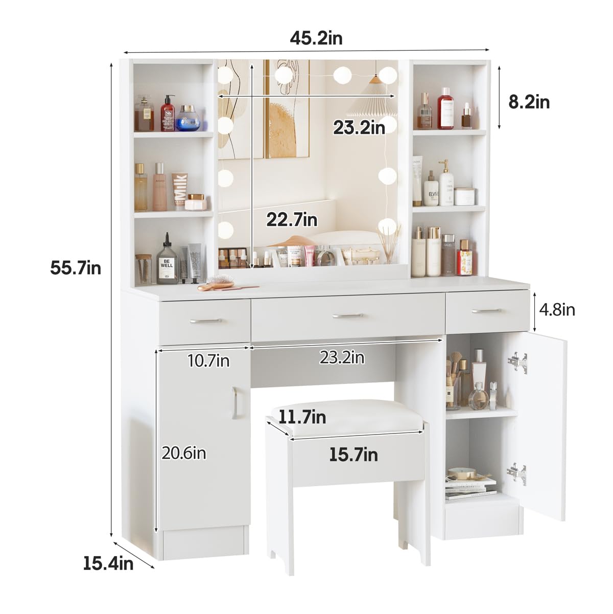 Vabches Vanity with Lighted Mirror, Large Vanity Desk Makeup Vanity Table Set with Comfortable Bench and Side Cabinets, Lots Storage, 45.2inch, White Vabches