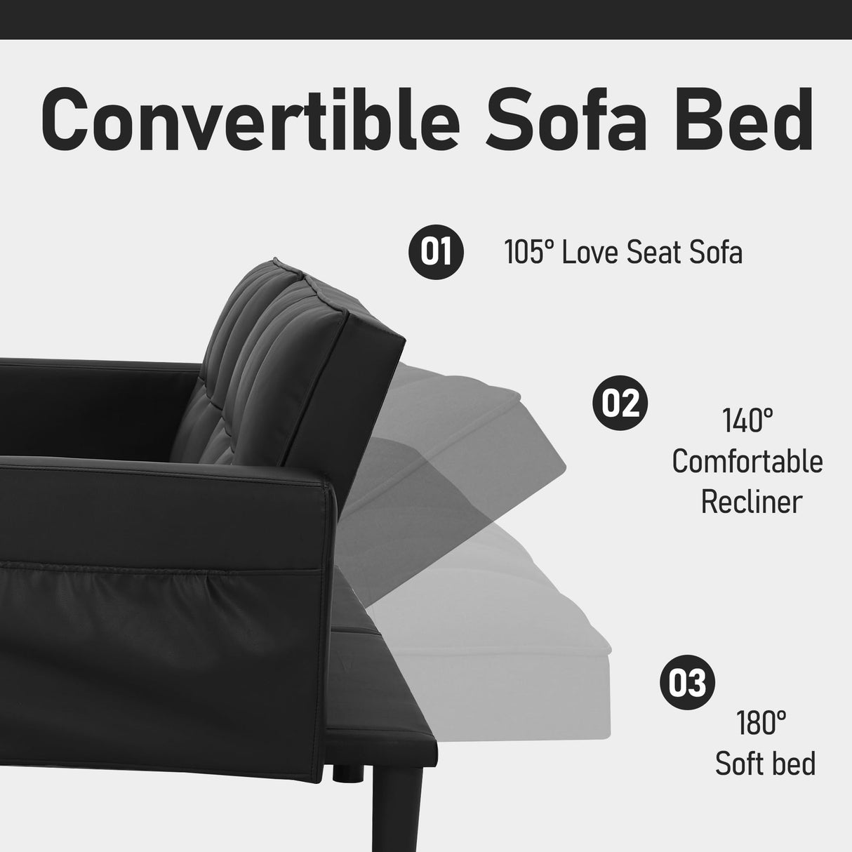 AVAWING Futon Sofa Bed, Modern Leather Convertible Upholstered Sleeper Couch with Adjustable Back, Arms and High Strength Nylon Legs for Living Room, Apartment, Office (Black) AVAWING