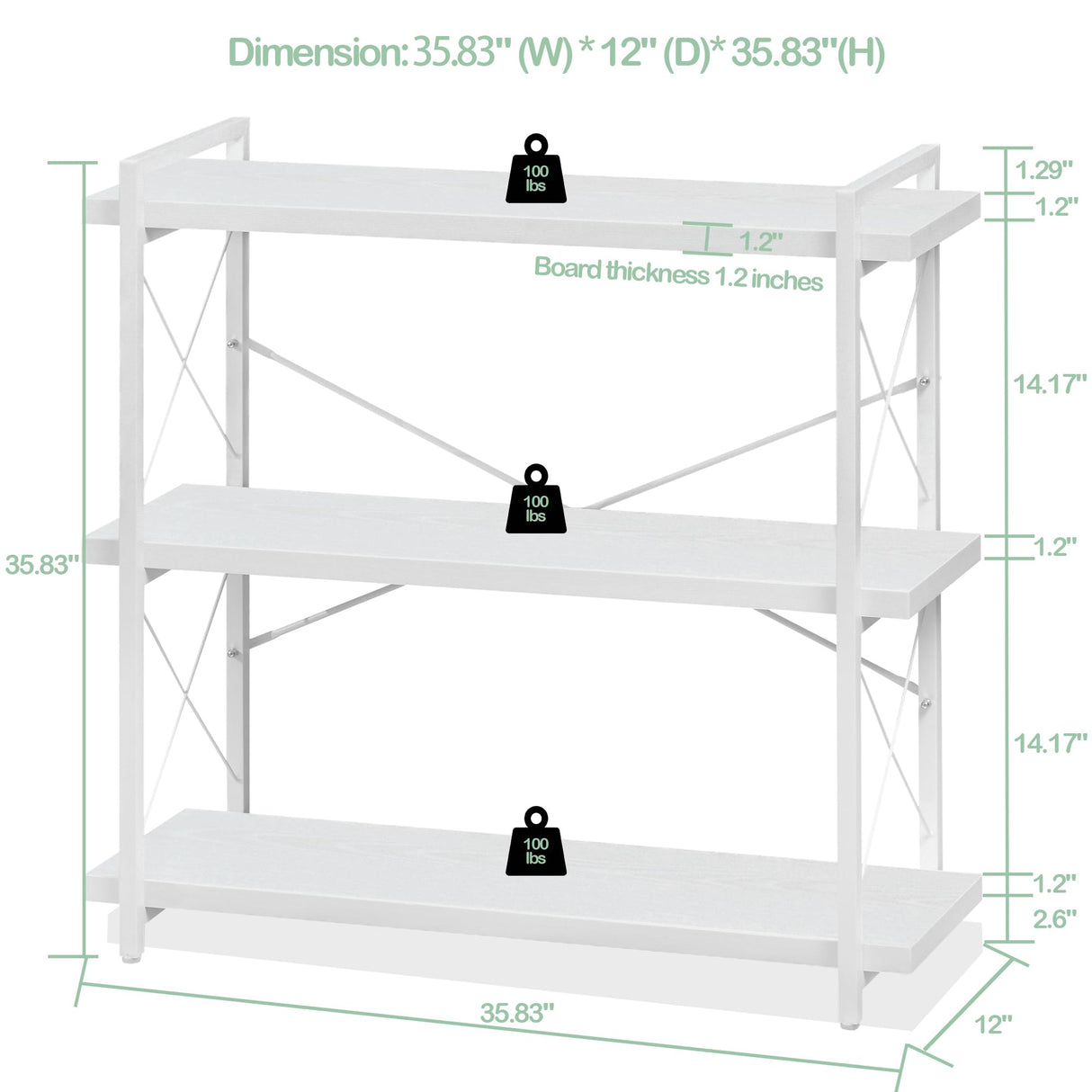 HCHQHS Bookshelf, 3-Tier Industrial Bookcase, White Open Book Shelf, Freestanding Horizontal Bookshelves with Metal Frame HCHQHS