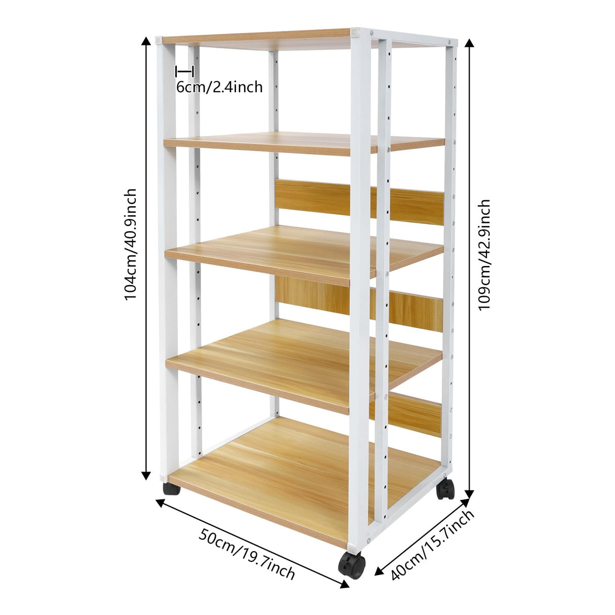 5-Tier AV Media Stand Audio Rack Tower with 4 Lockable Universal Wheels Movable Audio Media Stand with Top Corner Shelf for Record Player, Stereo Components, DVD Players(19.7*15.7*42.9in, White, Wood) VitaChicuy
