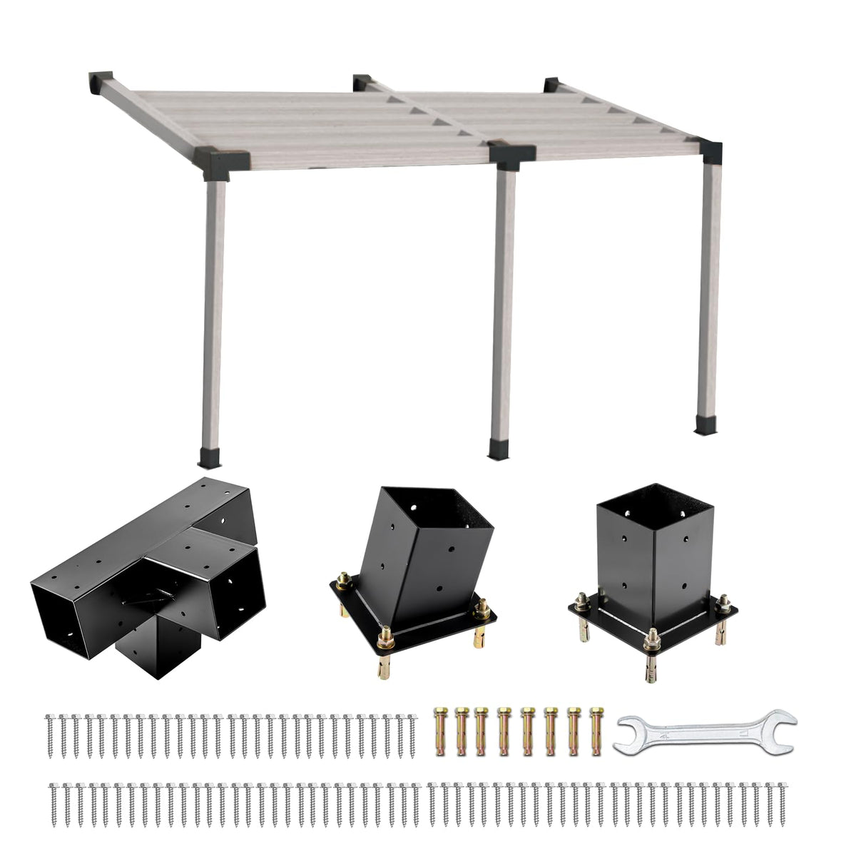 TOPTGO 3 PCS Pergola Brackets Kit,15° 4-Way Slanted Roof Pergola Bracket Set 4x4 (Actual: 3.5x3.5 in),Angle Corner Bracket with Post Base for Wooden Beams Lumber Gazebos Patio Pergola Sheds TOPTGO