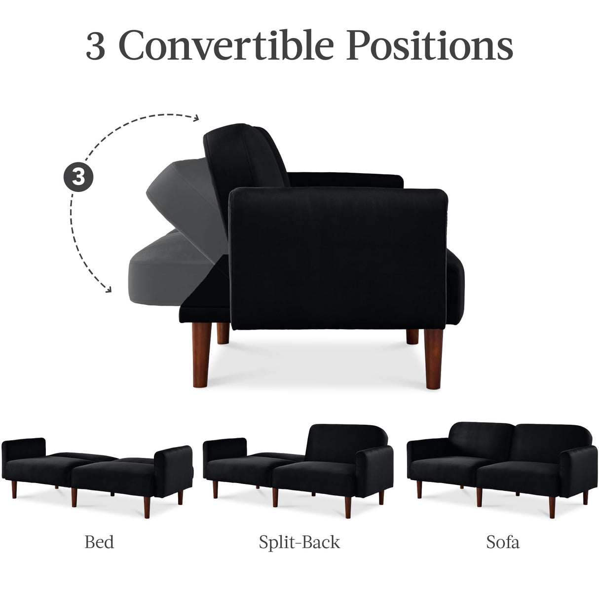 Best Choice Products 77" Mid Century Modern Velvet Loveseat Sofa, Couch, Convertible Sofa Sleeper Bed w/Real Wood, Removable Armrest - Onyx Black Best Choice Products