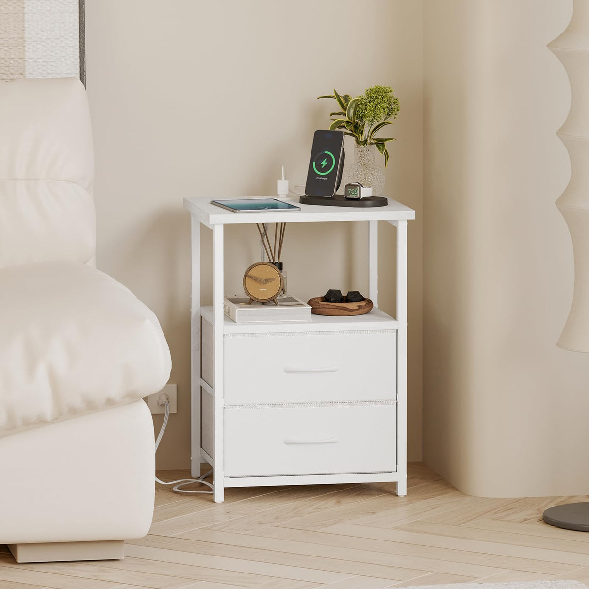 Fixwal White Night Stand with Charging Station, Bedroom Nightstand with Fabric Drawers, Bedside Table with PU Finish Fixwal