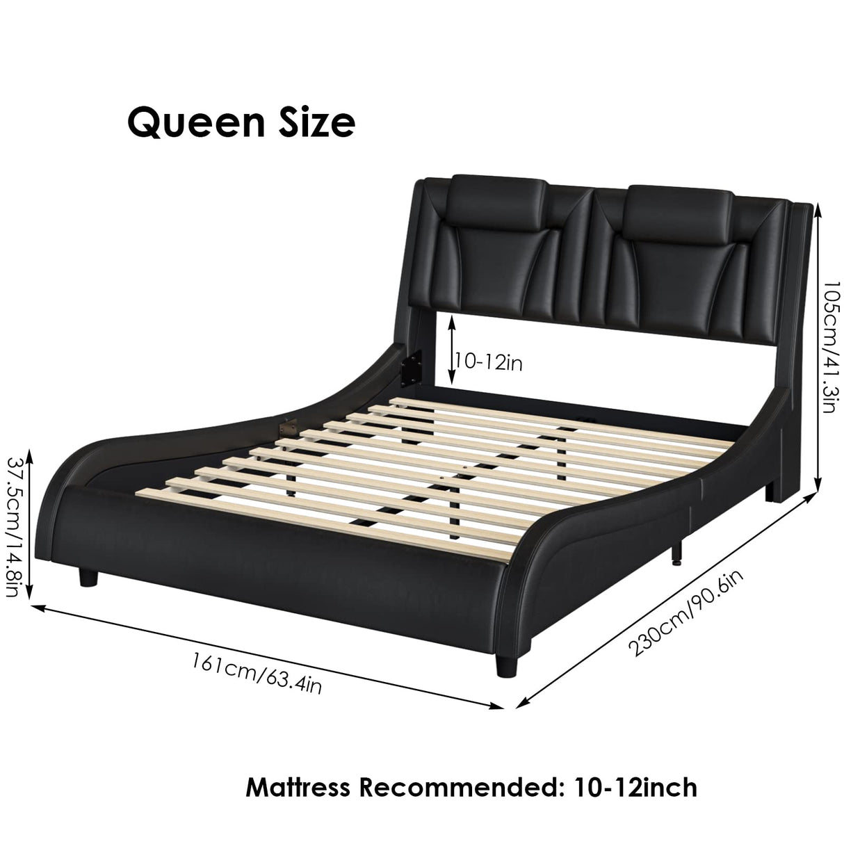 Keyluv Black Upholstered Queen Bed Frame with Adjustable LED Headboard and Wave Design Keyluv