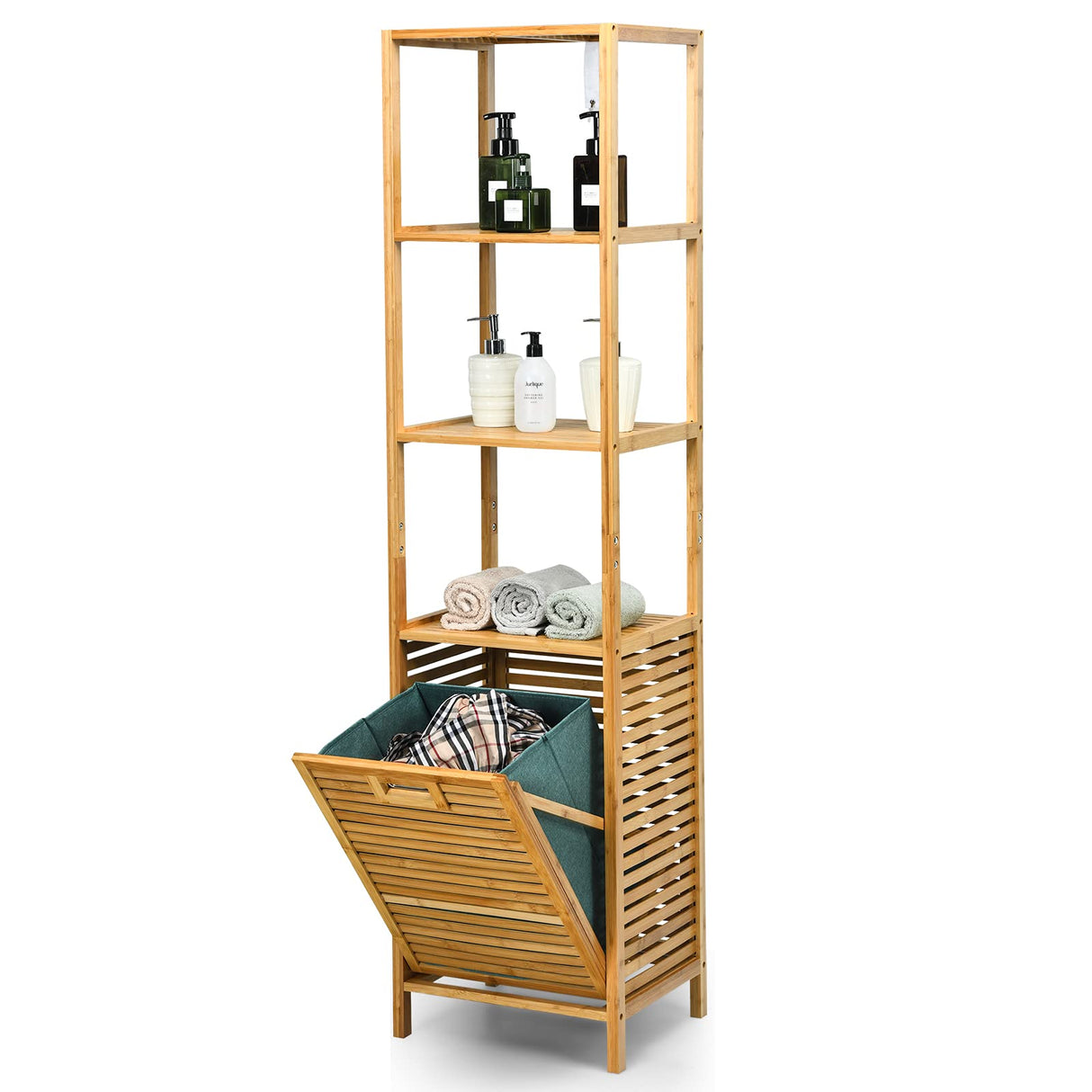 Giantex 63'' Tilt Out Laundry Hamper and 4-Tier Storage Shelves, Removable Clothes Basket with Easy Carry, Bamboo Tower Hamper Organizer, Great for Bathroom, Bedroom, Laundry Room, Closet, Nursery Giantex