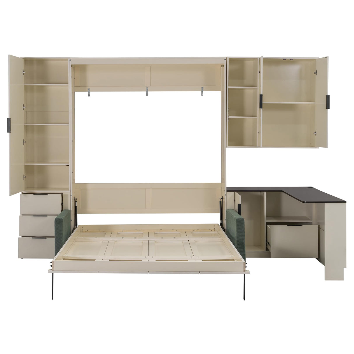 Merax Farmhouse Multi-Functional Murphy Bed with Sofa, Desk & Storage Cabinet,Solid Wood Foldable Wall Bed w/USB Charging Station Space Saving/No Box Spring Needed/Full, Beige + Green Merax