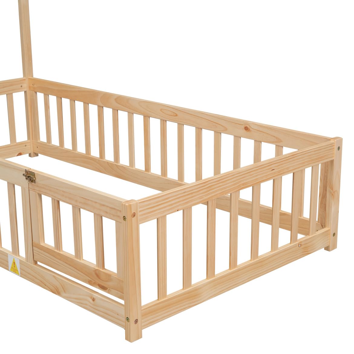TURRIDU Twin Size Montessori House-Shaped Floor Bed with Fence & Door in Natural Wood TURRIDU