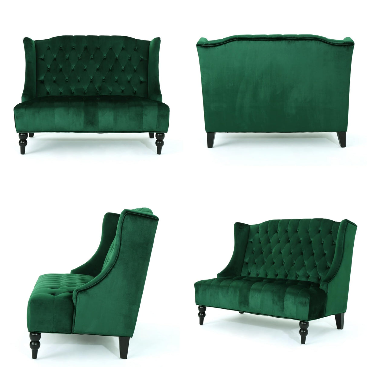 Modern Tufted Velvet Wingback Loveseat, Tufted Velvet 2 Seat Couch Sofas with High Back Thick Padded Cushioned Seats for Living Room, Victorian Style, Emerald Merax