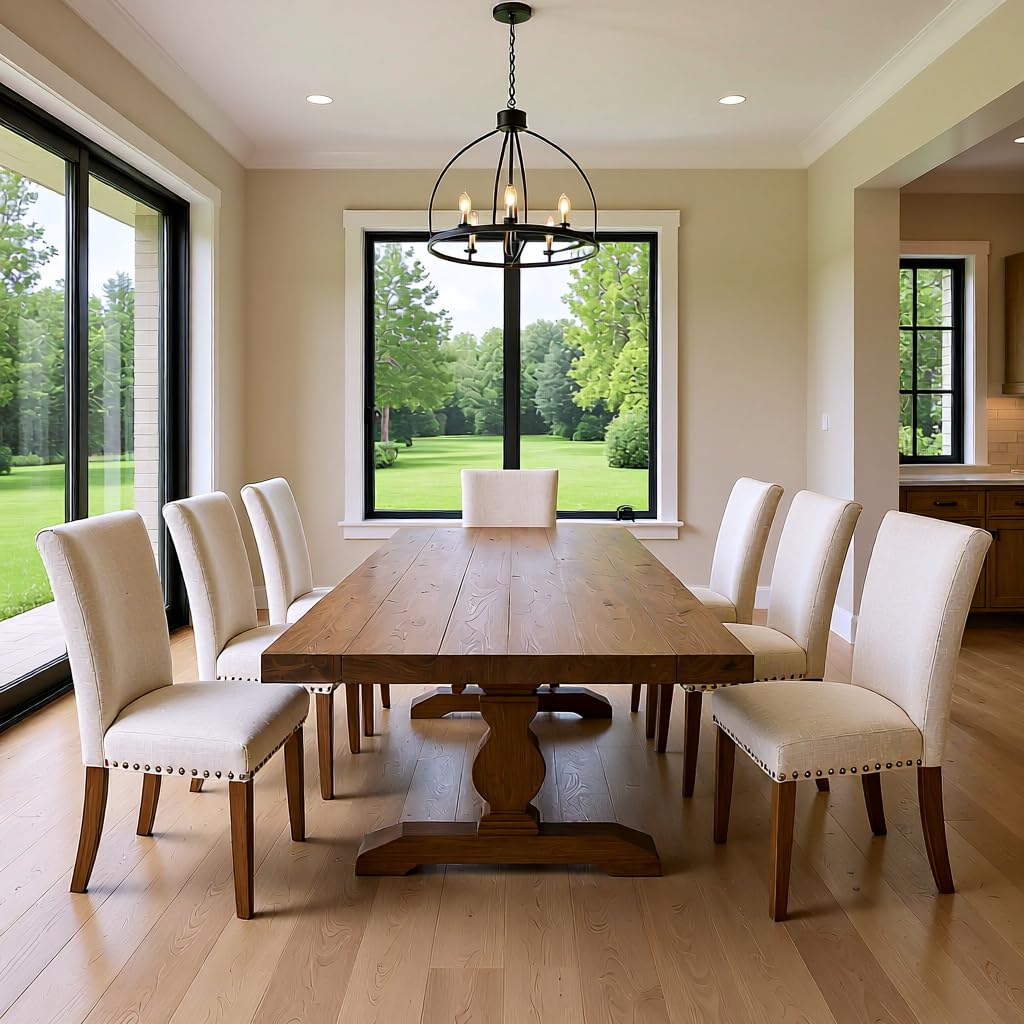Set of 6 Beige Upholstered Dining Chairs – Farmhouse Kitchen Chairs with High Back, Solid Rubberwood Legs, Padded Foam Seat & Bronze Nailhead Trim, Comfortable Dining Room Chairs for Home COLAMY